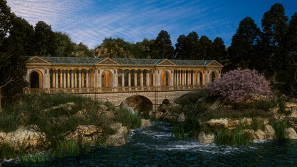 Fototapeta na wymiar 3D illustration of a large old fantasy bridge with roof and columns crossing a river in a forest.