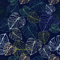 Fototapeta na wymiar Monstera Leaves Seamless Pattern. Perfect for Textile, Fabric, Background, Print. Hand drawn pattern on the dark background.