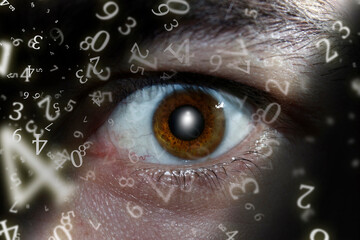 numerology, close-up eye surrounded by numbers