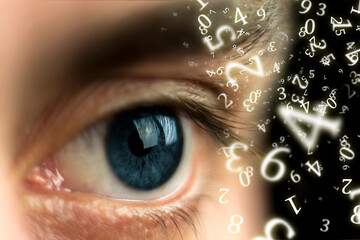 numerology, close-up eye surrounded by numbers