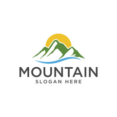 Nature Mountain With River And Sun Logo Design Template