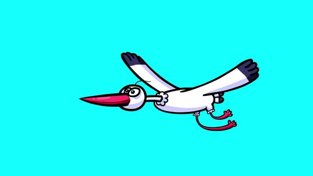 Cartoon stork flying animation. Big bird good for any film material. Alpha channel, seamless loop.