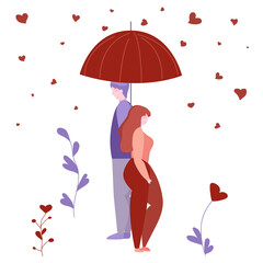 Valentine with a couple under umbrella. Heart rain and floral vector illustration