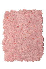 Pink romantic background made of man-made eco-friendly recycled paper with a rough 
surface and ragged edges isolated on a white background