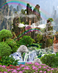 Beautiful view with high mountains . waterfalls, bright flowers and green grass. Rainbow over water.3d image