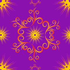 Seamless pattern with different symmetrical, geometric elements on a purple background. The patterns are filled with red, yellow and orange colors.