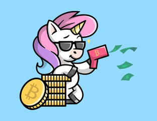 A CUTE UNICORN IS BRINGING A MONEY GUN AND LEANING ON A PILE OF COINS.