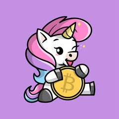 A CUTE UNICORN IS HOLDING A BIG BITCOIN AND SMILING CARTOON ILLUSTRATION. 