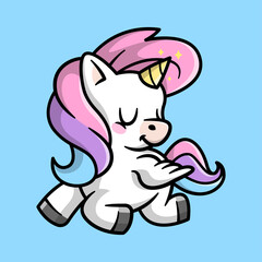 A CUTE UNICORN IS JUMPING AND SHOWING A HAPPY FACE CARTOON ILLUSTRATION.