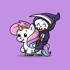 A CUTE DEATH ANGEL IS RIDING A UNICORN. CARTOON ILLUSTRATION.