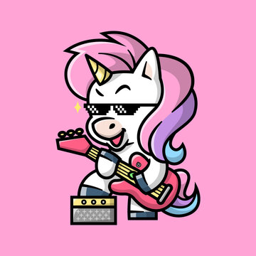 A ROCKER UNICORN IS PLAYING GUITAR AND WEARING BLACK GLASSES.