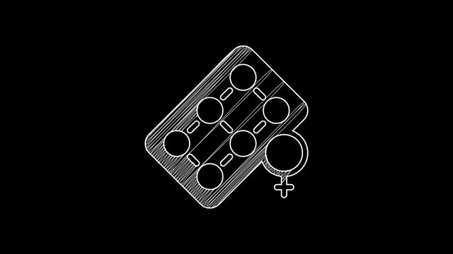 White line Packaging of birth control pills icon isolated on black background. Contraceptive pill. 4K Video motion graphic animation