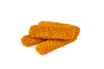 Deep fried fish fingers, isolated on white background.