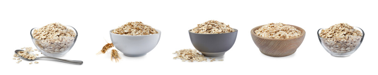 Set with uncooked oatmeal on white background. Banner design