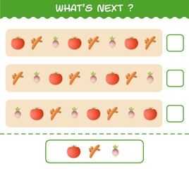 What's comes next educational game of cartoon vegetables. Find the regularity and continue the row task. Educational game for pre shool years kids and toddlers