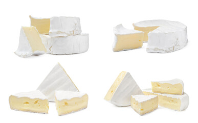 Set with tasty brie cheese on white background