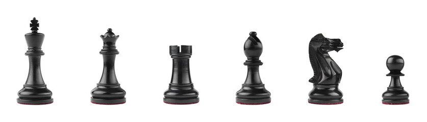 Set with black chess pieces on white background. Banner design