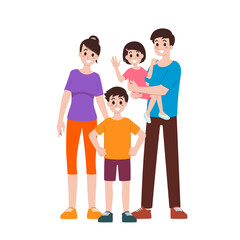 Happy family character vector design set. Father, mother, son and daughter together. Parents stand and smile happily with children.