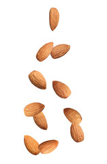 Many tasty almonds falling on white background