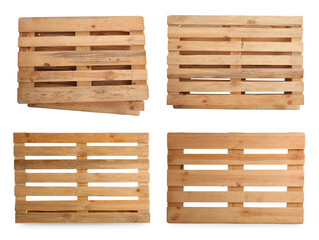 Set with wooden pallets on white background