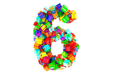 Number 6, from colored gift boxes, 3D rendering