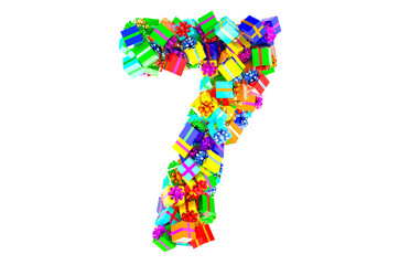 Number 7, from colored gift boxes, 3D rendering