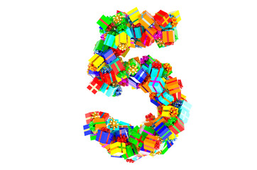Number 5, from colored gift boxes, 3D rendering