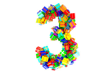 Number 3, from colored gift boxes, 3D rendering