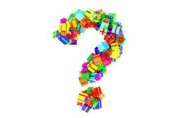 Question mark from colored gift boxes, 3D rendering