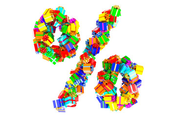Percent symbol from colored gift boxes, 3D rendering