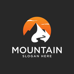 Mountains with sunset and river logo vector design inspiration