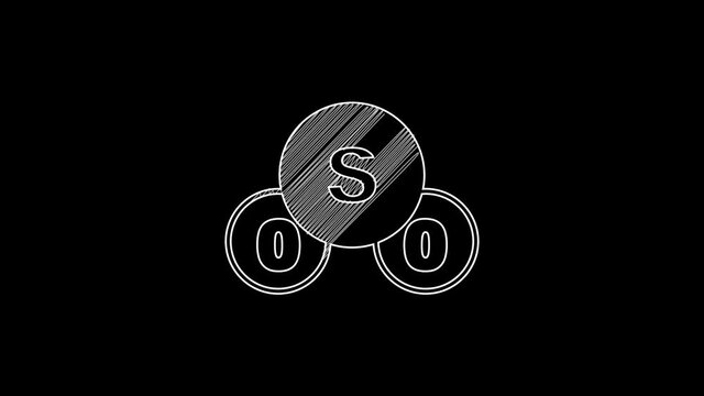 White line Sulfur dioxide SO2 gas molecule icon isolated on black background. Structural chemical formula and molecule model. 4K Video motion graphic animation