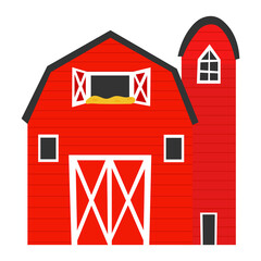 Red barn in cartoon style isolated on white background, farm animal, rural lifestyle concept for children books or posters