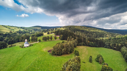 Aerial drone photography of Kostel sv. Jana Nepomuckého, Orlické Mountains, Czech Republic