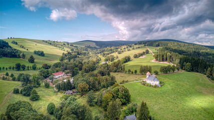 Fototapeta na wymiar Aerial drone photography of Kostel sv. Jana Nepomuckého, Orlické Mountains, Czech Republic