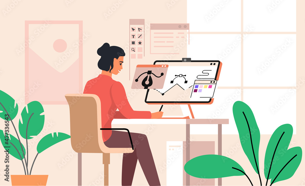 Wall mural woman sitting at workspace vector. computer graphics designer work on desk at home