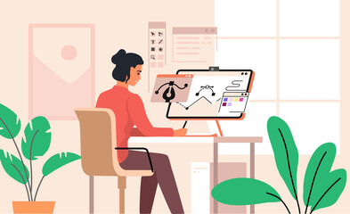 Woman sitting at workspace vector. Computer graphics designer work on desk at home