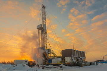 Fototapeta premium Drilling wells in the winter at an oil and gas field in the Arctic. Polar day with textured beautiful sky. Steam puffs for heating equipment