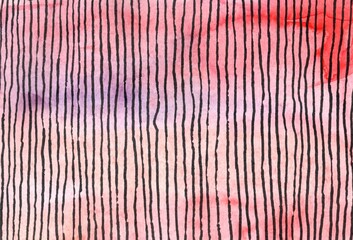 Abstract watercolor illustration with vertical lines. Traditional art with red, violet, black and yellow colors 