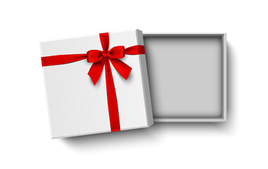 Opened white gift box with red bow isolated on white background, vector illustration