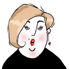 funny caricature portrait of plump woman singing with open mouth isolated on white