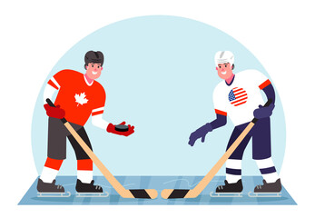 Ice hockey players. Competition between Canada and the USA. Vector illustration in a flat style.