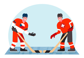 Ice hockey players. Competition between the Czech Republic and Switzerland. Vector illustration in a flat style.