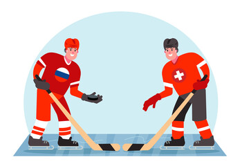 Obraz premium Ice hockey players. Competition between Russia and Switzerland. Vector illustration in a flat style.