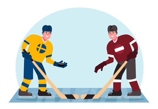 Ice hockey players. Competition between Sweden and Latvia. Vector illustration in a flat style.