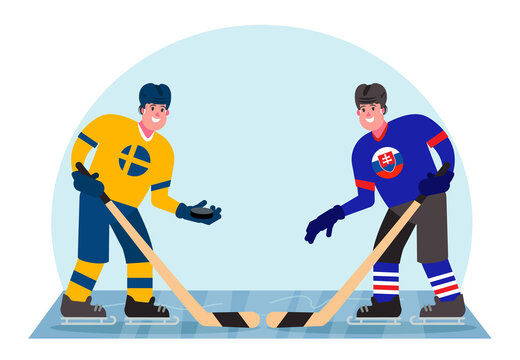 Ice hockey players. Competition between Sweden and Slovakia. Vector illustration in a flat style.