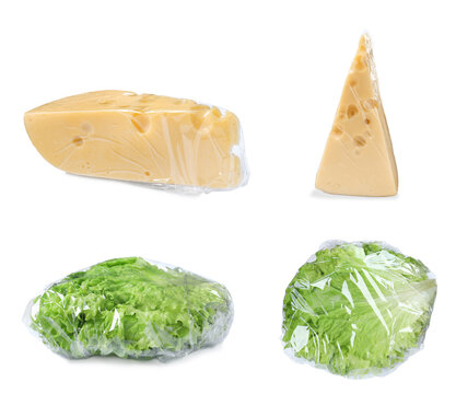 Tasty cheese and fresh lettuce wrapped with stretch film on white background, collage. Banner design