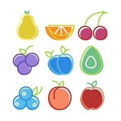 Set of icons. Colorful berries and fruits. Nine symbols in outline. Vector. Graphics