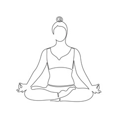Yoga girl, one line art, hand drawn continuous contour. Lotus position, asana for meditation. Healthy lifestyle, body and soul harmony. Editable stroke. Isolated. Vector illustration