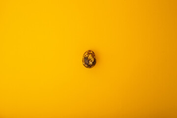 Small quail eggs lie on a yellow background, minimalism for advertising